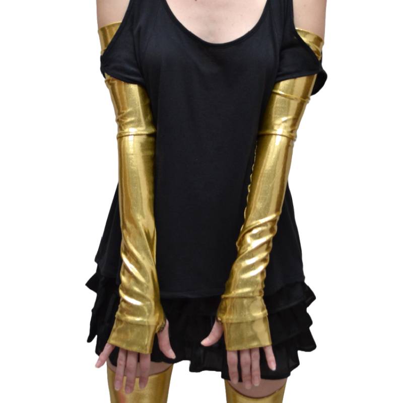 Extra Lange Armstulpen Glänzende Handschuhe Gold Metallic Oil Slick Bekleidung Cybergoth Spandex - Trixy Xchange von TrixyXchangeDotCom