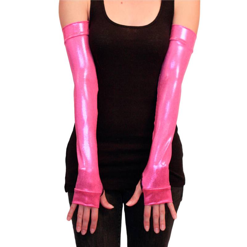 Hot Pink Handschuhe Vinyl Look Arm Covers Pvc Metallic Shiny Holographic Outfit Anime Kleidung Wetlook Cosplay Kostüm Trixy Xchange von TrixyXchangeDotCom