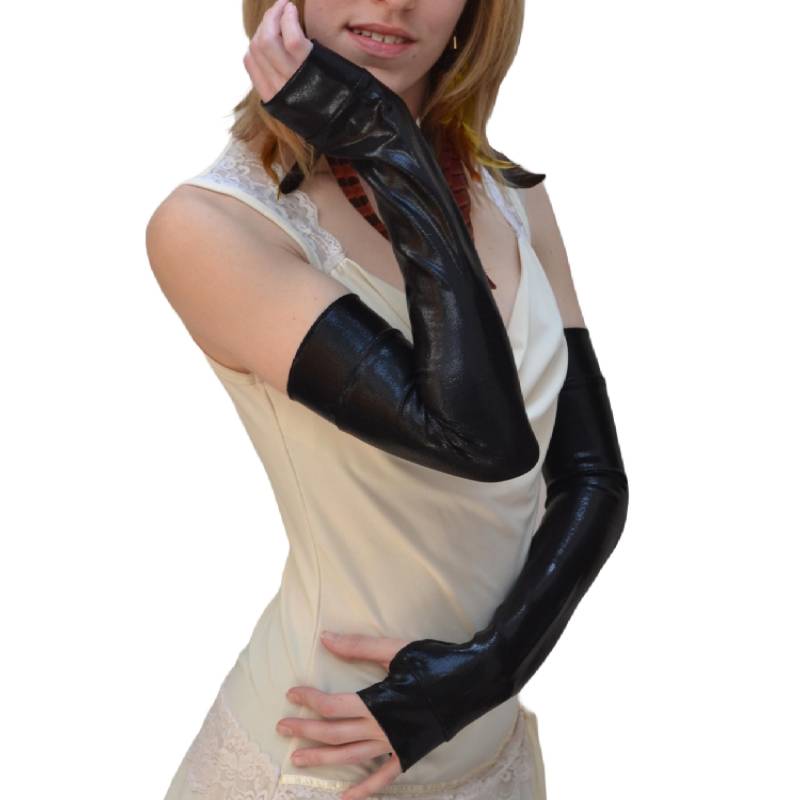 Lange Schwarze Handschuhe Wet Look Lack Armstulpen Steampunk Outfit Superheld - Trixy Xchange von TrixyXchangeDotCom