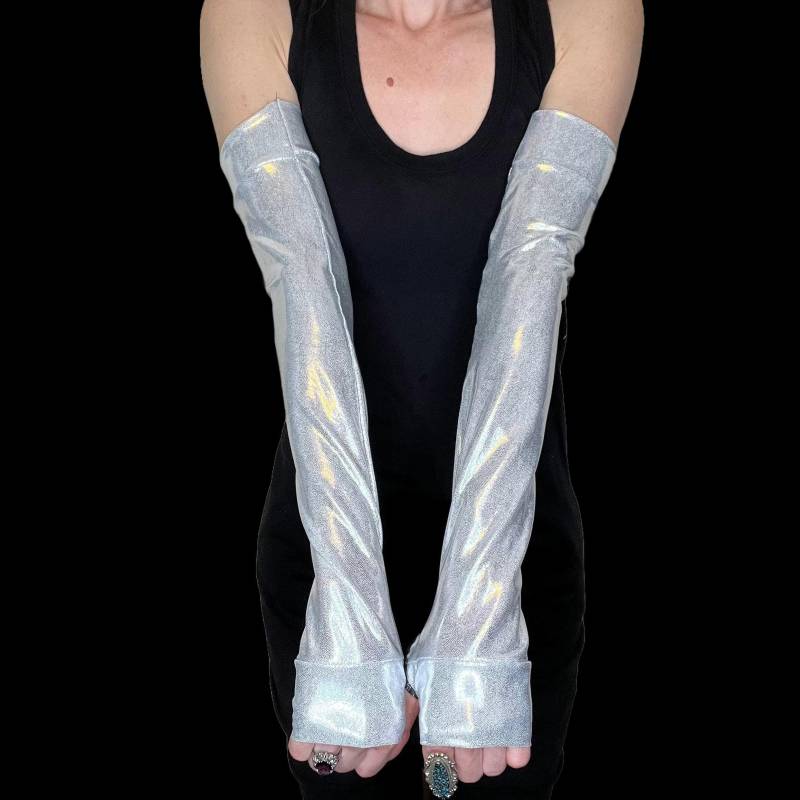 Lange Silber Armstulpen Dehnbar Fingerlose Handschuhe Elbow Cosplay Kostüm Anime Diy Trixy Xchange von TrixyXchangeDotCom
