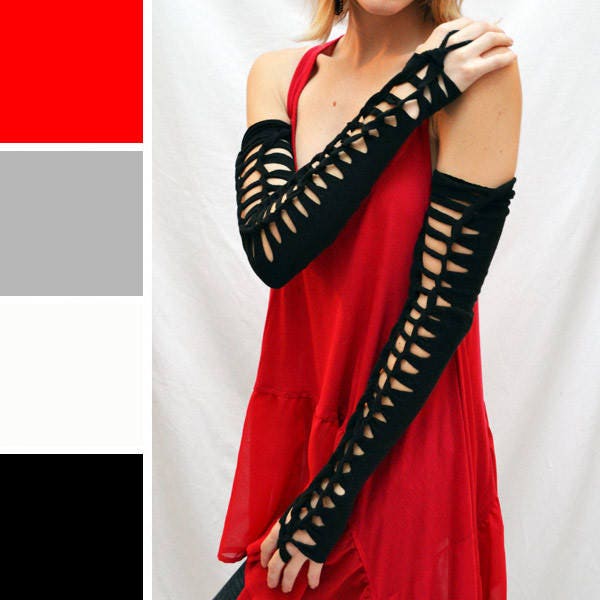 Opern Lange Handschuhe Loop Interlaced Cut-Out Ärmel Schnüren Armstulpen Schwarz Weiß Korsett Rot Grau Trixy Xchange von TrixyXchangeDotCom