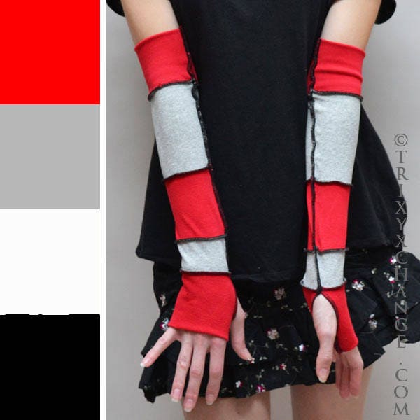 Patchwork Armstulpen Gestreifte Baumwollhandschuhe Lange Schwarze Rote Autofahrer Handschuhe - Trixy Xchange von TrixyXchangeDotCom