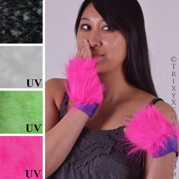 Pink Armstulpen Fell Grüne Schwarze Fluffies Herren Katze Kostüm Damen Handschuhe Neon - Trixy Xchange von TrixyXchangeDotCom