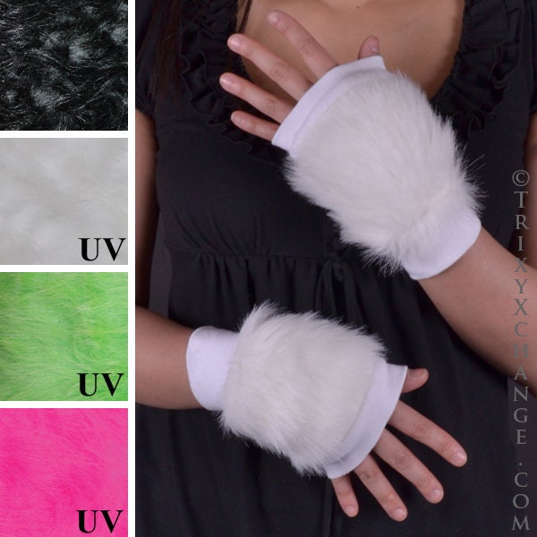 Weiße Fell Handschuhe Schwarz Armstulpen Rosa Grüne Fluffies Festival Kleidung Halloween Kostüm Cosplay Trixy Xchange von TrixyXchangeDotCom