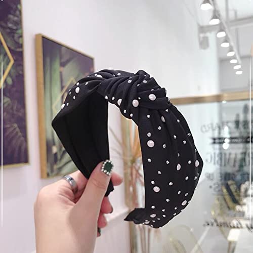 Dickes Stirnband for Frauen Mode Mädchen Stirnband handgefertigt glänzende Perle Strass dekoratives Haarband Damen mittlerer Knoten Turban Haarschmuck Haarschmuck for Damen und Mädchen (Color : Black von Trjgtas