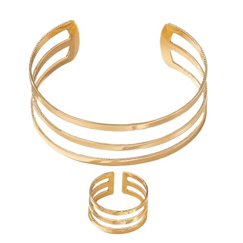 Trochate Goldschmuckset, Damenschmuck Sets, Zierlicher Stapelbarer Ring und Armband Ästhetisches Armreif Drei Schicht Hohl Für Alltag Besondere Anlässe Hochzeitsaccessoires von Trochate