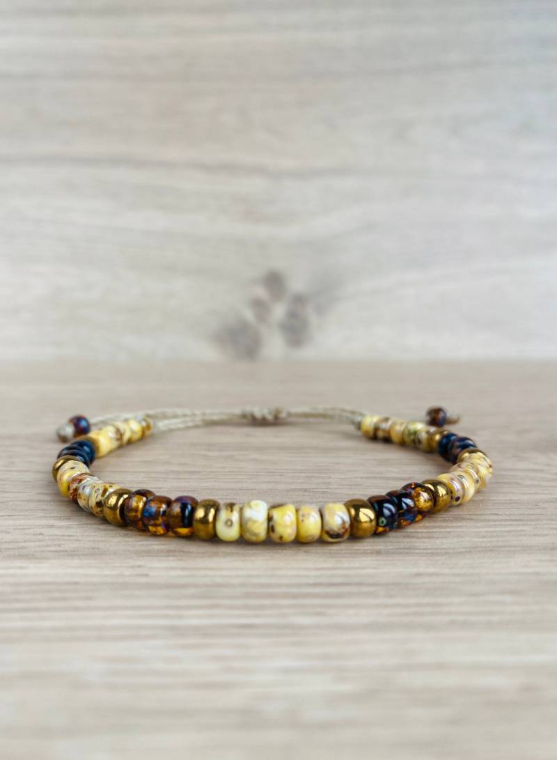 Boho Perlen Armband Für Sie || Verstellbarer Perlenschmuck Damen Gelb Bronze Und Braune Glasperlen Sommer Geschenk Mutter von TroisPommesVertes