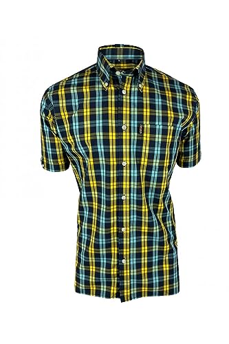 Trojan Windowpane Check S/S B/D Shirt with free matching pocket square TC/1034 M Navy von Trojan