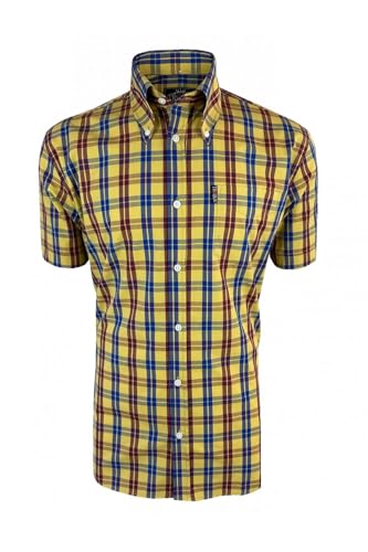 Trojan Windowpane Kariertes S/S B/D Hemd mit gratis passendem Einstecktuch TC/1034, senffarben, L von Trojan