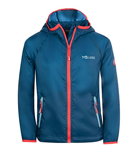 Trollkids Fjell Windjacke für Kinder, Petrolblau/Rot, Größe 128 von Trollkids