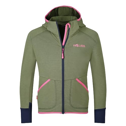 Trollkids Fleecejacke für Mädchen aus glattem dehnbarem Stretch-Fleece-Material SALTFJORD, Dunkle Olive/Marine/Hellmagenta, Größe 164 von Trollkids