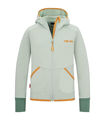 Trollkids Fleecejacke für Mädchen aus glattem dehnbarem Stretch-Fleece-Material SALTFJORD, Salbeigrün/Saharagelb, Größe 128 von Trollkids