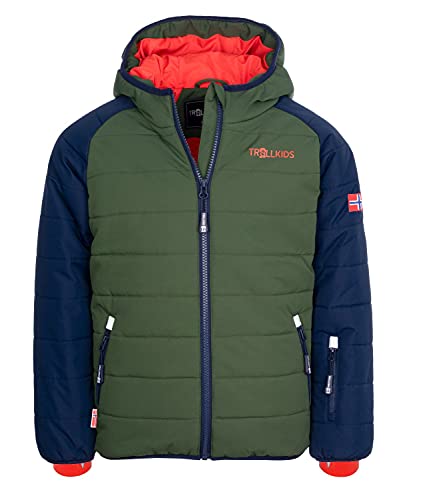 Trollkids Hafjell PRO Skijacke, Marineblau/Waldgrün/Orange, Größe 104 von Trollkids