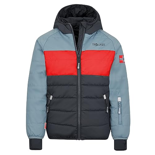 Trollkids Hafjell XT Kinder wasserabweisende Skijacke Winterjacke, Stahlblau/Marine/Rot, Größe 104 von Trollkids