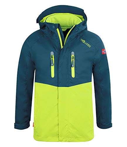 Trollkids Kinder Bryggen wasserdichte winddichte 3in1 Jacke, Petrolblau/Lime, Größe 176 von Trollkids