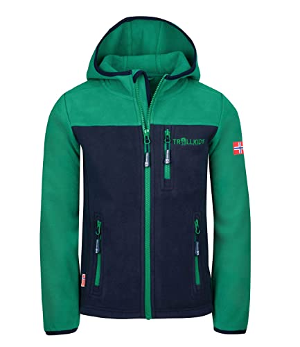 Trollkids Kinder Fleece-Jacke Stavanger mit Kapuze, Pfeffergrün/Marineblau, Größe 128 von Trollkids