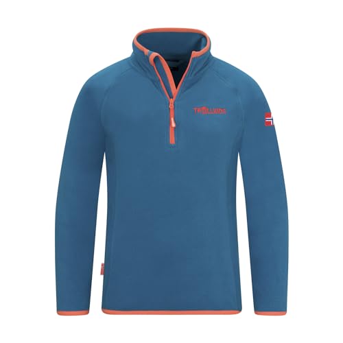 Trollkids Kinder Fleece-Pullover Nordland mit Reißverschluss, Atlantisblau/Orange, Größe 128 von Trollkids