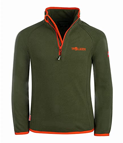 Trollkids Kinder Fleece-Pullover Nordland mit Reißverschluss, Waldgrün/Orange, Größe 104 von Trollkids