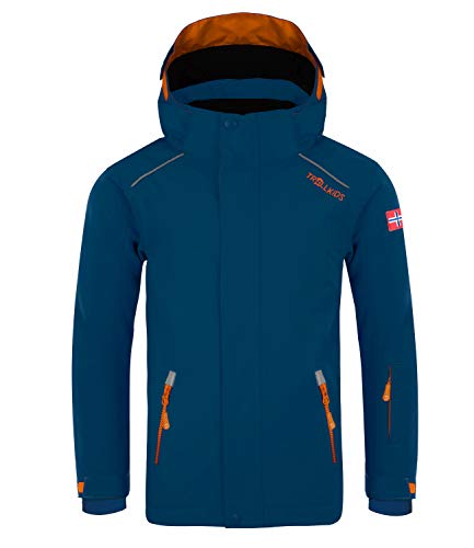 Trollkids Kinder Holmenkollen PRO wasserdichte Winterjacke Skijacke, Mystik Blau/Orange, Größe 128 von Trollkids