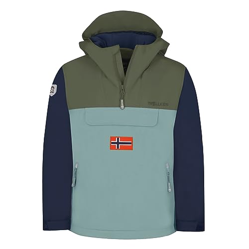 Trollkids Kinder KIRKENES Parka Mantel, Dunkle Olive/Marine/Kalte Minze, Größe 110 von Trollkids