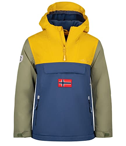 Trollkids Kinder KIRKENES Parka Mantel, Goldgelb/Mystikblau/Moos, Größe 128 von Trollkids