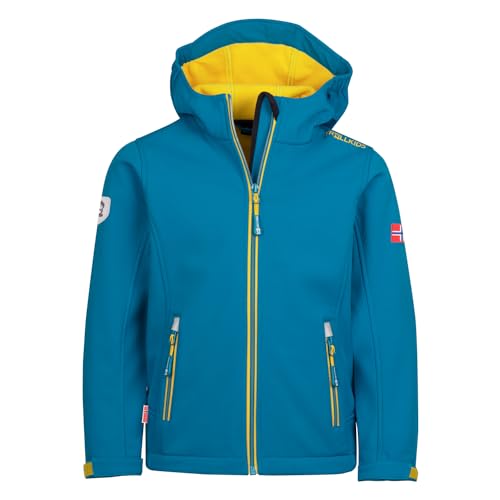 Trollkids Kinder Softshell Jacke Trollfjord, Atlantisblau/Gingergelb, Größe 164 von Trollkids