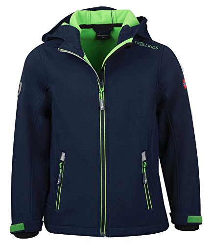 Trollkids Kinder Softshell Jacke Trollfjord, Marineblau/Hellgrün, Größe 104 von Trollkids