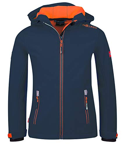 Trollkids Kinder Softshell Jacke Trollfjord, Mystik Blau/Orange, Größe 104 von Trollkids