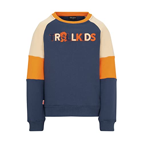 Trollkids Kinder Sweatshirt Trollfjord, Mystikblau/Sandbeige/Hellorange, Größe 140 von Trollkids