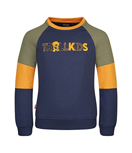 Trollkids Kinder Sweatshirt Trollfjord, Mystisch-Blau/Goldgelb/Moosgrün, Größe 116 von Trollkids