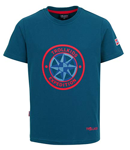 Trollkids Kinder schnelltrocknendes UV-Schutz T-Shirt Windrose T, Petrolblau/Rot, Größe 110 von Trollkids