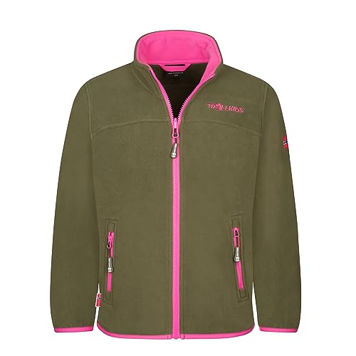 Trollkids Mädchen Oppdal XT Fleece Jacke, Dunkle Olive/Hellmagenta, Größe 110 von Trollkids