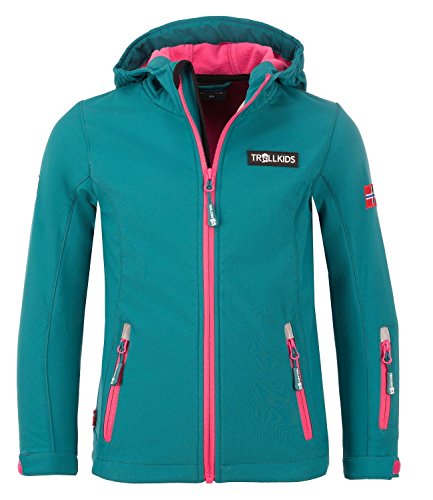 Trollkids Mädchen Softshell Jacke Oslofjord, Smaragdgrün/Rubinrot, Größe 164 von Trollkids