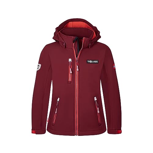 Trollkids Mädchen Softshell Jacke Preikestolen, Burgunderrot/Helles Kirschrot, Größe 128 von Trollkids