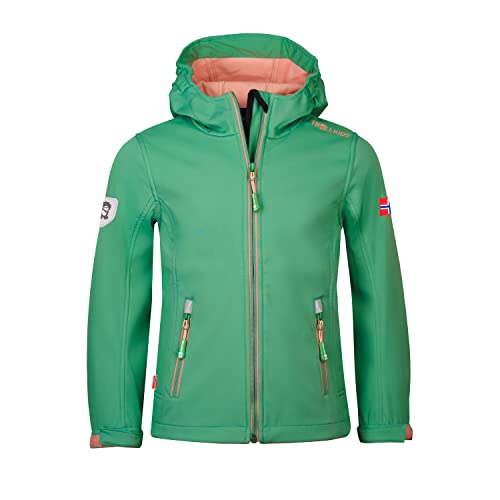 Trollkids Mädchen Softshell Jacke Trollfjord, Blattgrün/Koralle, Größe 104 von Trollkids