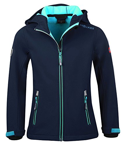 Trollkids Mädchen Softshell Jacke Trollfjord, Marineblau/Mint, Größe 104 von Trollkids