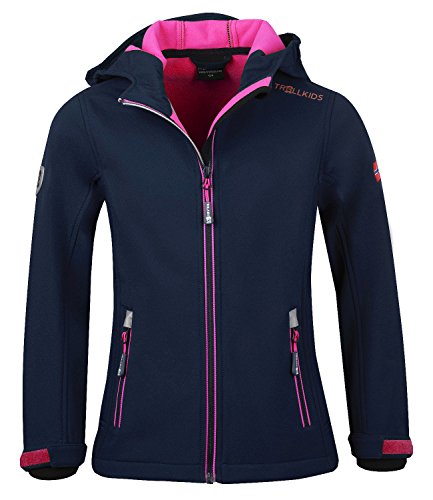 Trollkids Mädchen Softshell Jacke Trollfjord, Marineblau/Magenta, Größe 110 von Trollkids