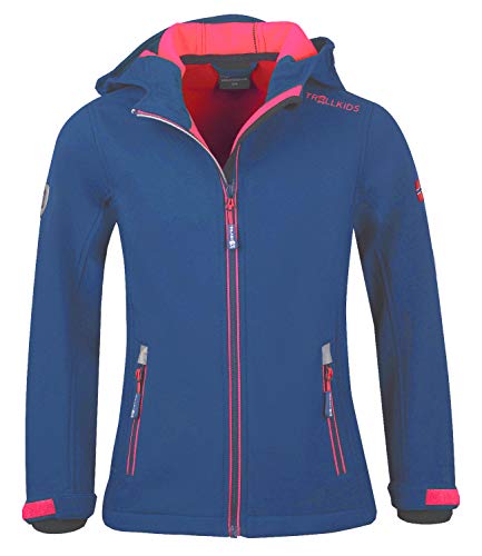 Trollkids Mädchen Softshell Jacke Trollfjord, Mitternachtsblau/Coral, Größe 128 von Trollkids