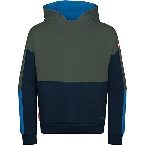 Trollkids Trendiger Kinder Hoodie mit seitlichen Eingriffstaschen RONDANE, Efeugrün/Marine/Mittelblau, Größe 104 von Trollkids