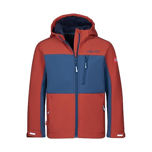 Trollkids warme und vielseitige Kinder Softshell-Jacke BERGSFJORD, Rostrot/Mystik Blau, Größe 140 von Trollkids