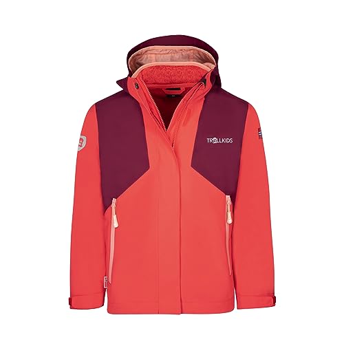 Trollkids wasserdichte atmungsaktive 3 in 1 Jacke für Mädchen PREIKESTOLEN, Burgunderrot/Helles Kirschrot/Dahlienrosa, Größe 140 von Trollkids