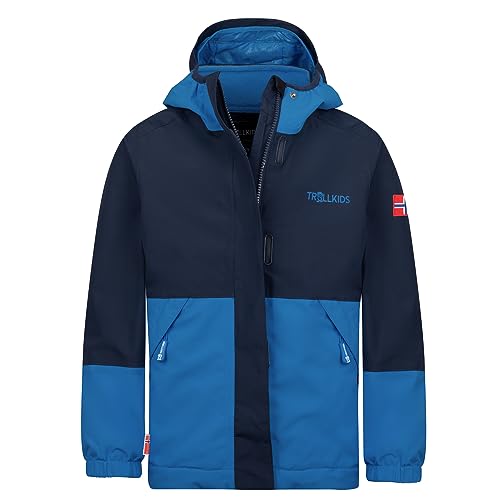 Trollkids wasserdichte atmungsaktive Kinder 3in1 Jacke mit verstellbarer Kapuze und Strickfleece-Innenjacke KJERAK, navy/medium blue, Größe 176 von Trollkids