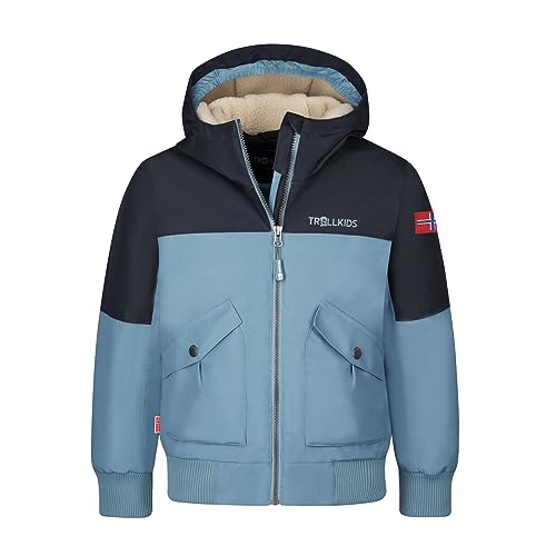 Trollkids wasserdichte atmungsaktive Kinder Jacke GRIMSTAD, Schwarz/Stahlblau/Wüstensand, Größe 110 von Trollkids