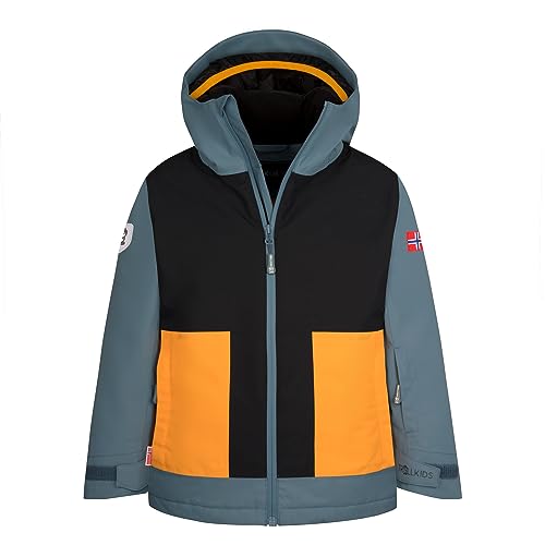 Trollkids wasserdichte atmungsaktive Kinder Ski-Jacke RAULAND, Schwarz/Stahlblau/Mango, Größe 128 von Trollkids