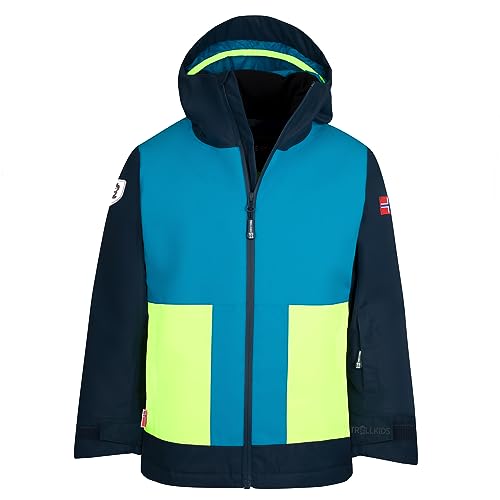 Trollkids wasserdichte atmungsaktive Kinder Ski-Jacke RAULAND, Vivid-Blau/Mitternachtsblau/Helles Limegrün, Größe 116 von Trollkids