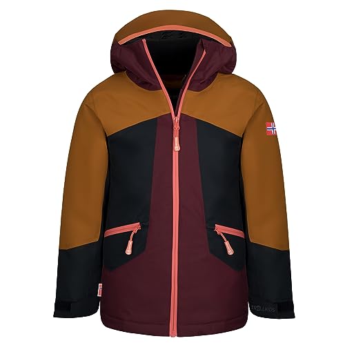 Trollkids wasserdichte atmungsaktive Mädchen Ski-Jacke RAULAND, Karamell-Braun/Burgunderrot/Schwarz/Lachsrosa, Größe 152 von Trollkids