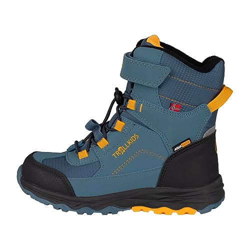 Trollkids wasserdichte robuste Kinder Winter-Stiefel mit kuscheligem Fleecefutter HAFJELL, Stahlblau/Mango/Schwarz, Größe 28 von Trollkids