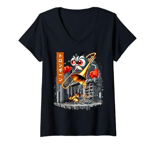 Damen Lustiges Posauneninstrument Kaiju Monster Japanisch T-Shirt mit V-Ausschnitt Damen Lustiges Posauneninstrument Kaiju Monster Japanisch T-Shirt mit V-Ausschnitt von Trombone Instrument Kaiju Monster Clothing