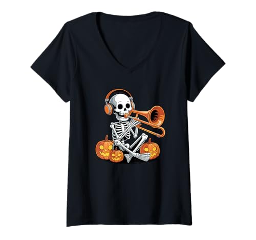 Damen Halloween Skelett Posaune Posaunist T-Shirt mit V-Ausschnitt Damen Halloween Skelett Posaune Posaunist T-Shirt mit V-Ausschnitt von Trombone Instrument Trombonist Gifts