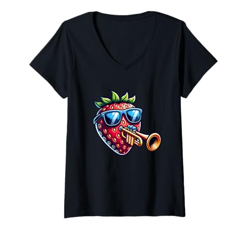 Damen Trompete Spielende Erdbeere Mit Sonnenbrille T-Shirt mit V-Ausschnitt Damen Trompete Spielende Erdbeere Mit Sonnenbrille T-Shirt mit V-Ausschnitt von Trompete Erdbeere Cool Musik Kunst